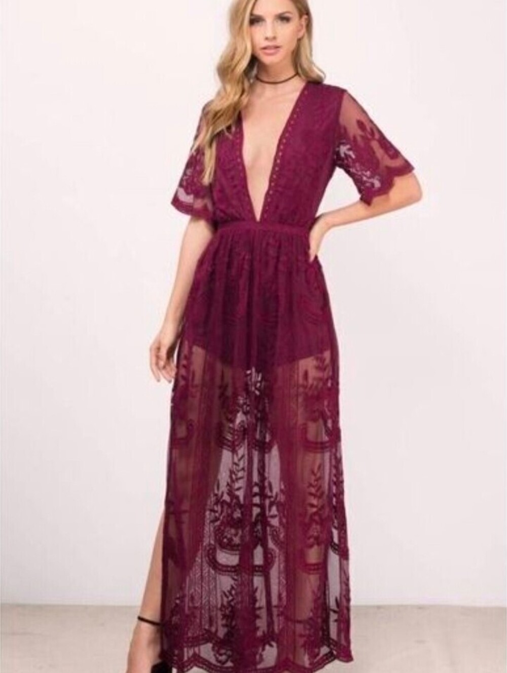 NWT Medium Red Wine Merlot Lace Deep V Romper Maxi Dress